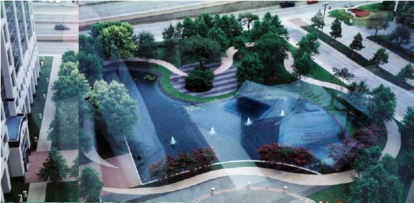 North Texas business district with koi pond